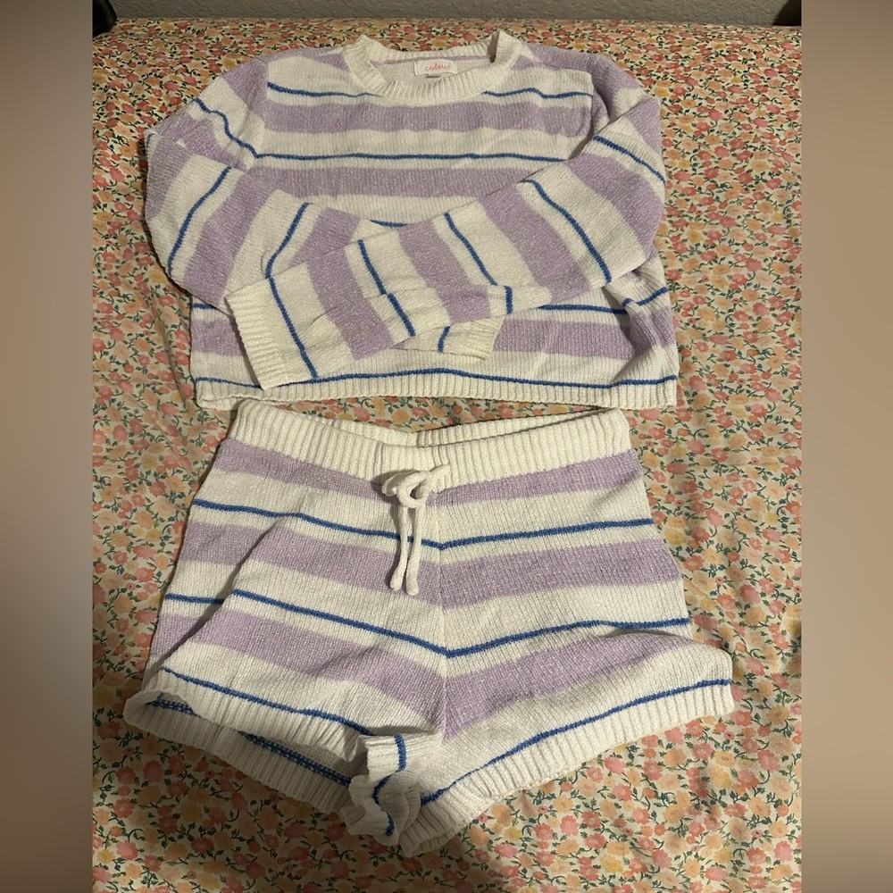 white, blue and purple pajama set